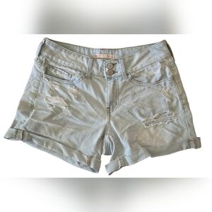 SO Low Rise Midi Light Blue Distressed Denim Shorts